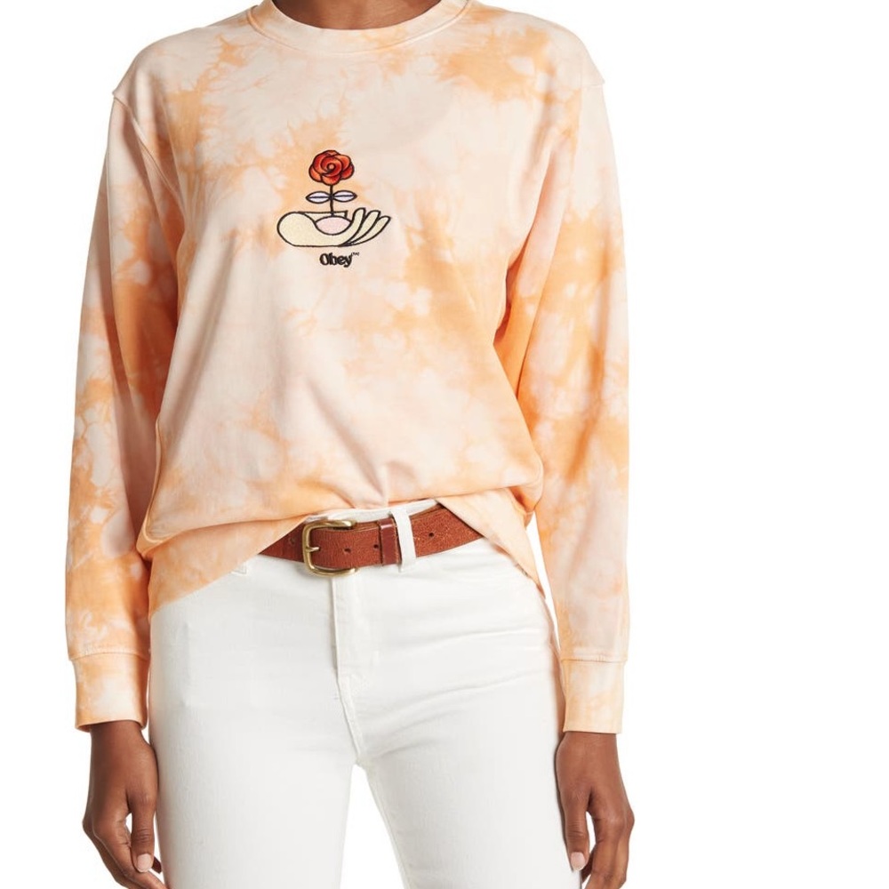 NWOT Obey Warden Tie Dye pullover sweatshirt in peach, XS